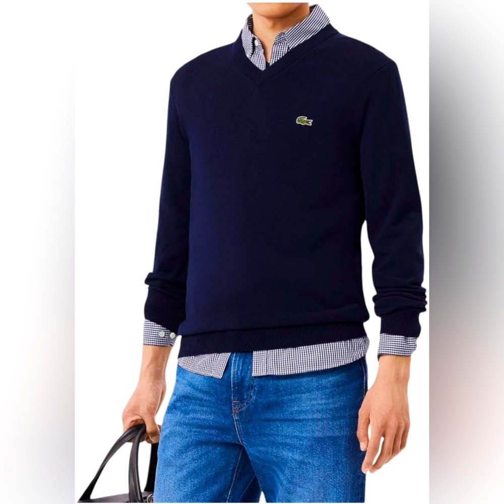 Lacoste V-Neck Cotton Long Sleeve Men Sweater Navy Blue